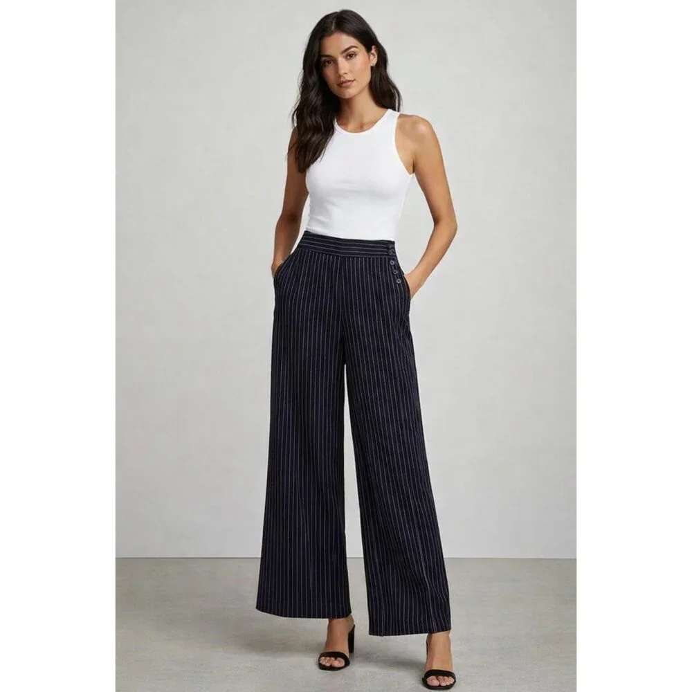 NWT $698 Ralph Lauren Black Label Wool Wide Leg Pinstriped Pants Navy Size 8 - Picture 1 of 5